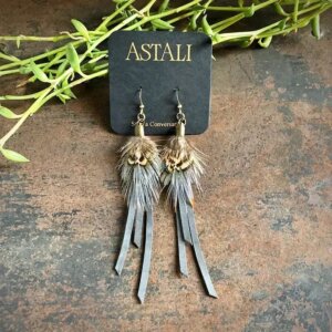 Astali Feather Mini Earrings - Charcoal Leather & Pheasant Feathers